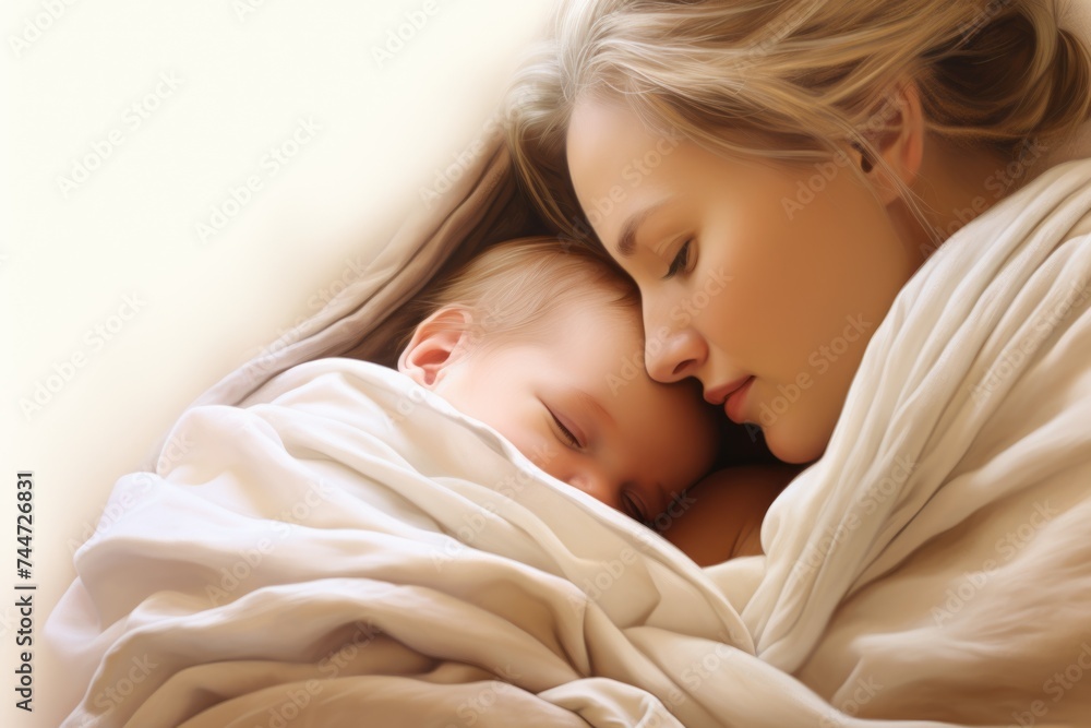 A woman holding a baby wrapped in a blanket. Suitable for family and childcare concepts A woman holding a baby wrapped in a blanket. Suitable for family and childcare concepts