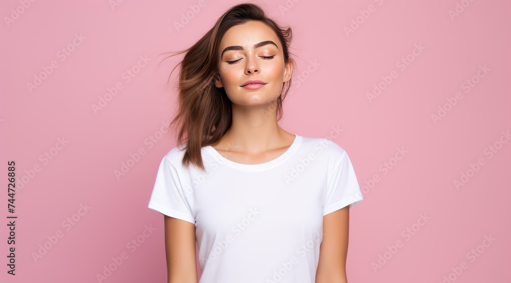 Sporty Yoga Photoshoot Female Model in Simple White TShirt on Pink Background Sporty Yoga Photoshoot Female Model in Simple White TShirt on Pink Background