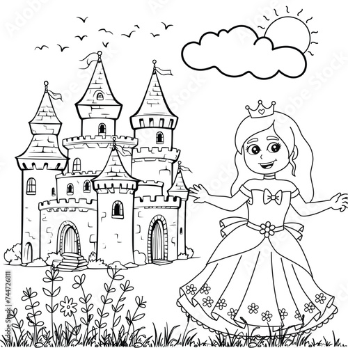 fairy tale castle hand-drawn outline coloring page
