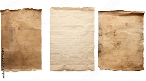 Three pieces of old paper on a plain white background. Perfect for adding text or images