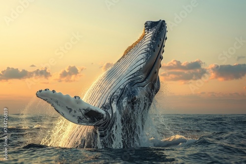 A massive blue whale breaching the ocean surface, a moment of awe-inspiring power and grace © arhendrix