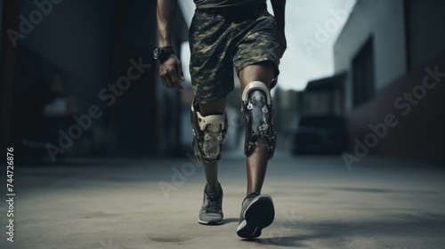A man walking with prosthetic knee braces. Suitable for medical and rehabilitation concepts