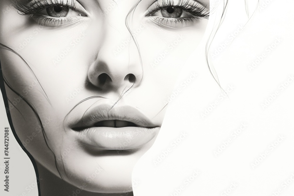 Close-up photo of a woman's face in monochrome, suitable for various design projects Close-up photo of a woman's face in monochrome, suitable for various design projects