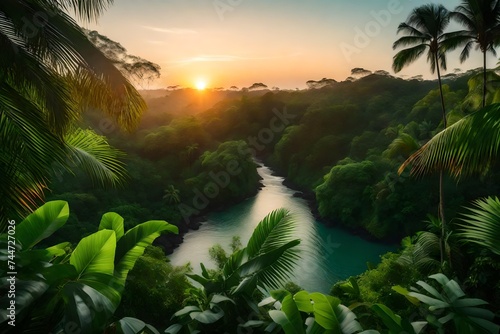 a lush tropical jungle scene at sunset,