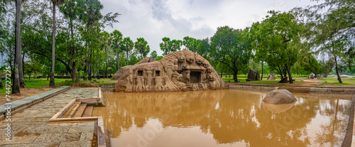 The Tiger Cave Temple- carvings of tiger heads on the mouth of a cave is a rock-cut temple located in the hamlet of Saluvankuppam near Mahabalipuram in Tamil Nadu, South India. photo