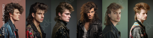 Set of 1980s fashion young men - mullet hairstyle - pop culture - funny fashion - vintage - profile side view - individual isolated portraits.  Young man from the 80s. quirky and eccentric  photo