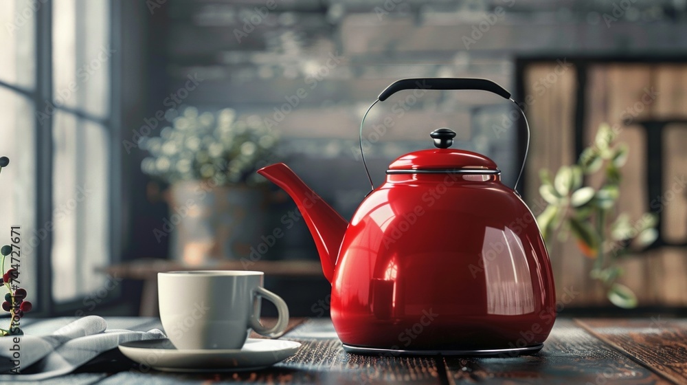 Modern red kettle, cup and honey on wooden table in kitchen Modern red kettle, cup and honey on wooden table in kitchen