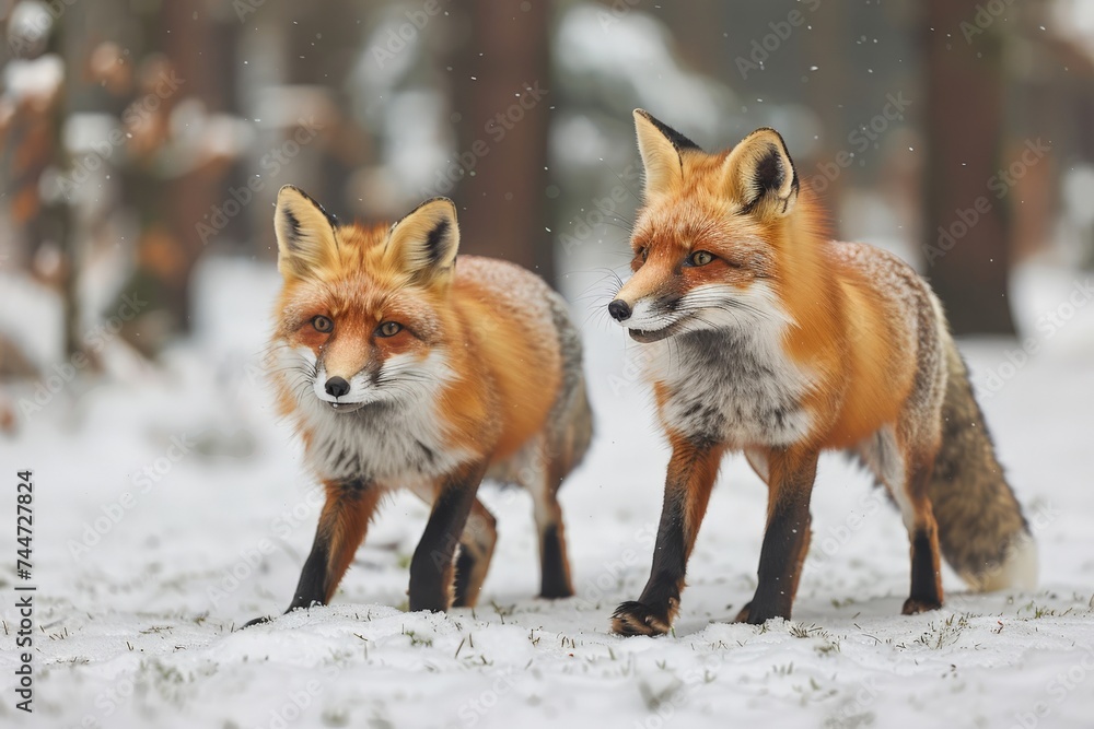 A pair of red foxes playing in a snow-covered forest clearing, their vibrant coats contrasting with the white snow