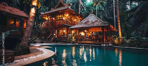 Luxurious tropical resort pool at night with beautiful illumination and relaxing atmosphere photo