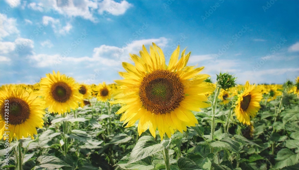 sunflower field and summer blue sky