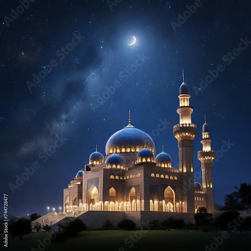 Eid ai fit Muslim mosque stand starry night adorned with a crescent moon photograph the essence of Ramadan Mubarak © Graphic Leading 