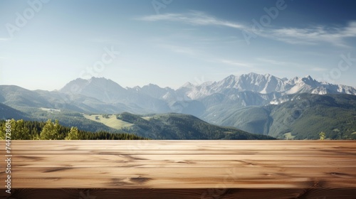 Wooden table with a scenic mountain view, ideal for travel websites