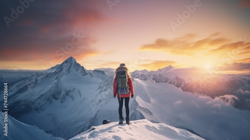 A person standing on top of a snow covered mountain, ideal for outdoor and adventure concepts © Fotograf