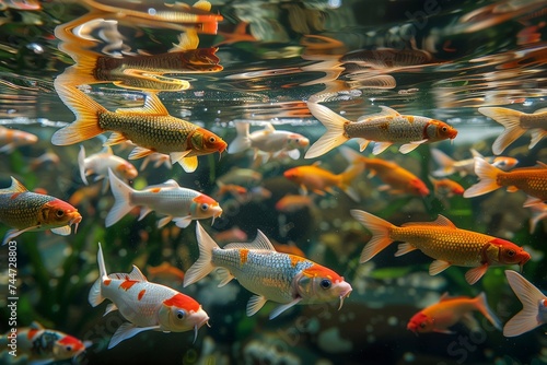 A serene pond teeming with koi fish, their vivid patterns creating a dynamic tapestry beneath the water's surface