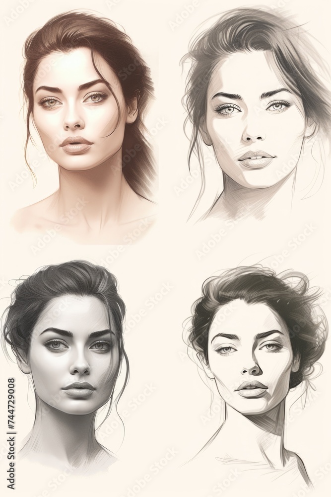 A collection of sketches featuring various angles of a woman's face. Ideal for art and design projects A collection of sketches featuring various angles of a woman's face. Ideal for art and design projects