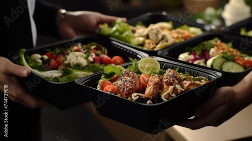 A couple of people holding trays of food. Suitable for catering and food service concepts