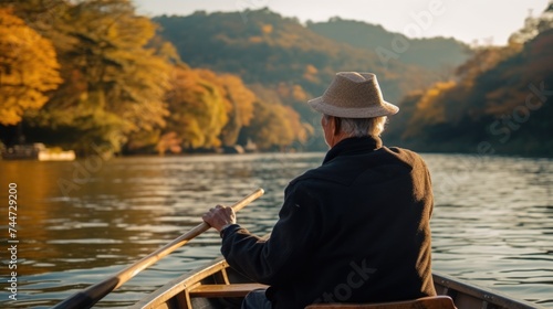 A man in a hat rowing a boat. Suitable for outdoor activities promotion