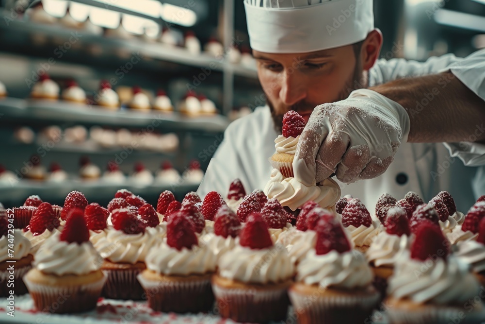 Delightful cupcakes are decorated by a male pastry chef. Generative Ai.