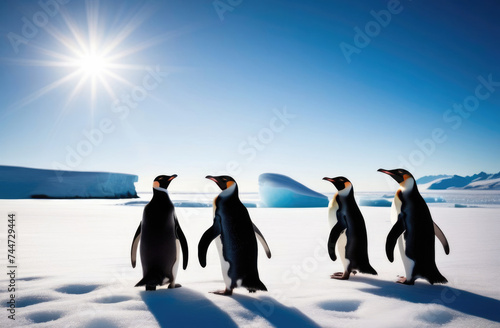 World Penguin Day  a flock of adult penguins on an ice floe  an iceberg in the ocean  the kingdom of ice and snow  a snowy coast  the far north  a frosty sunny day