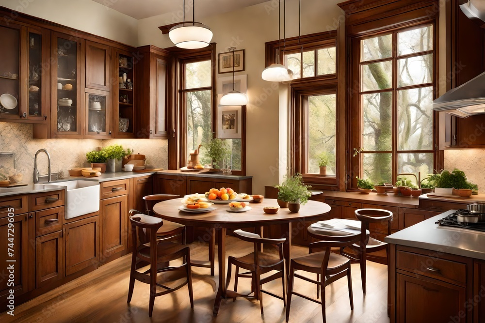 A cozy and intimate kitchen with warm lighting, rich wooden cabinetry, and a charming breakfast nook. Perfect for quiet mornings and shared meals