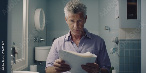 A man reading a piece of paper in a bathroom. Suitable for educational or household themes