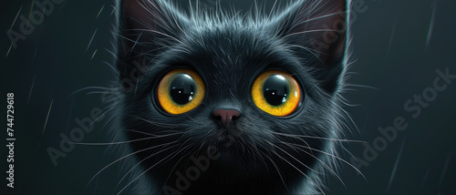 Portrait of a black cat with yellow eyes on a dark background. Portrait close up of black cat with piercing yellow eyes