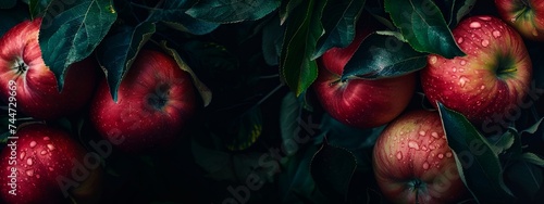 a group of apples with leaves photo