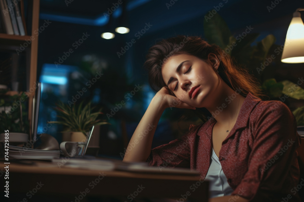 Overtired woman rests her head on her hand as she falls asleep at table Overtired woman rests her head on her hand as she falls asleep at table