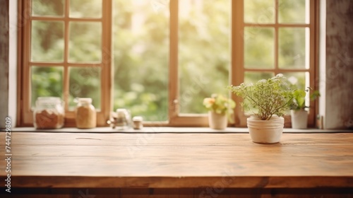 A simple wooden table with a potted plant in front of a window. Perfect for home decor or gardening themes