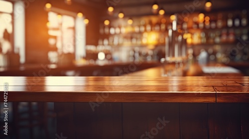 A wooden table placed in front of a bar. Suitable for restaurant and hospitality concepts
