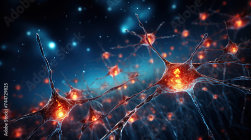 Neural cells of the human brain. 3D illustration of abstract nerve centers and cells. Electrical impulses in brain © Eyd_Ennuard