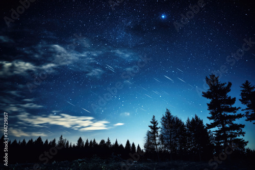 Starry night sky over a serene landscape with visible meteor shower. Stars illuminating the vast night sky create a sense of wonder and the beauty of the cosmos.