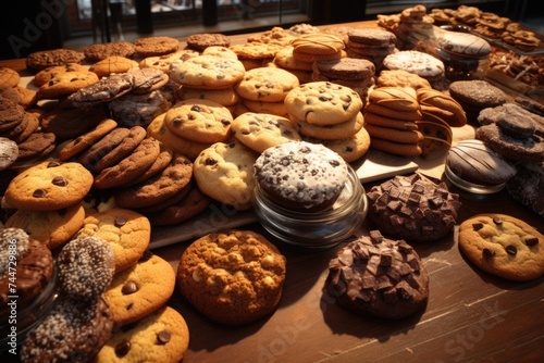 A variety of cookies and pastries displayed on a table. Perfect for bakery or dessert concepts