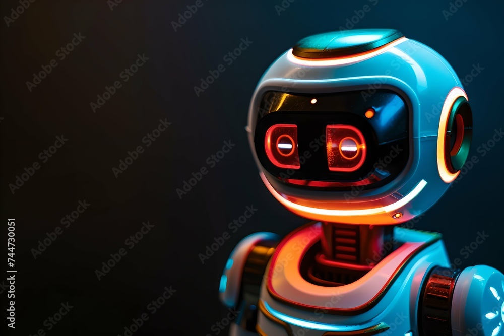 Fototapeta premium Cute robot with glowing eyes on black background. Artificial intelligence, science and innovation, futuristic techology. Ai and machine learning concept. Design for banner, poster with copy space