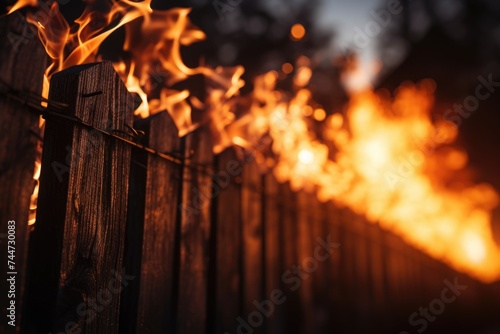 A wooden fence with a fire burning behind it. Suitable for concepts related to danger and destruction