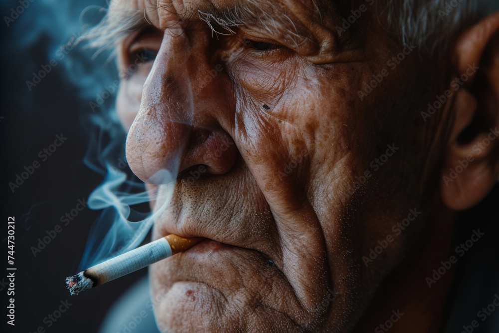 Close up old man smoking cigarette, Senior male smoker exhales cigarette smoke, Nicotine addiction