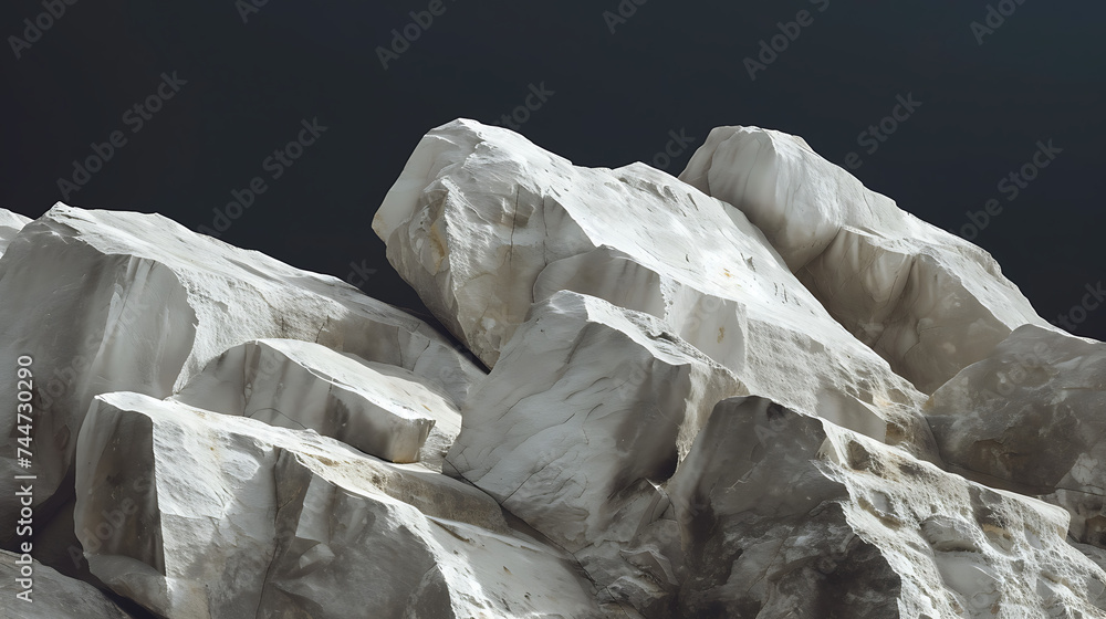 Abstract white rocks against a dark backdrop, creating a surreal and enchanting scene with a touch of fantasy.