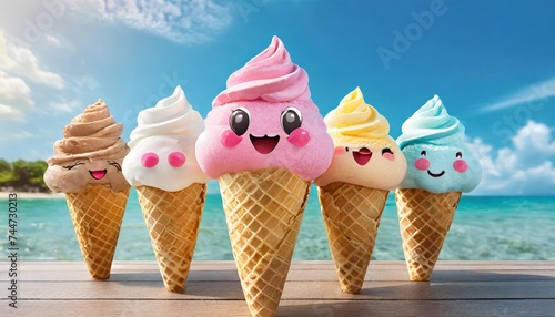 set of ice cream characters in kawaii style with smiling face and pink cheeks for sweet design sundae gelato in waffle cone cute summer food collection vector illustration eps8 photo