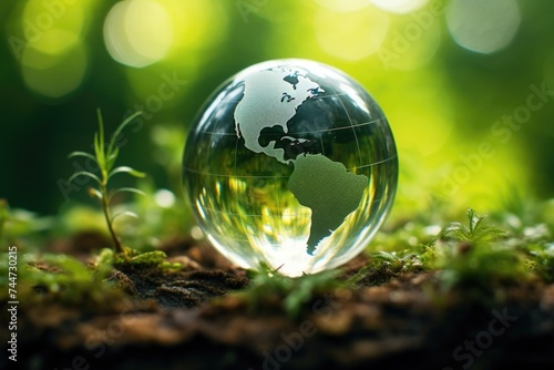 Glass globe placed on a vibrant green field, suitable for environmental concepts