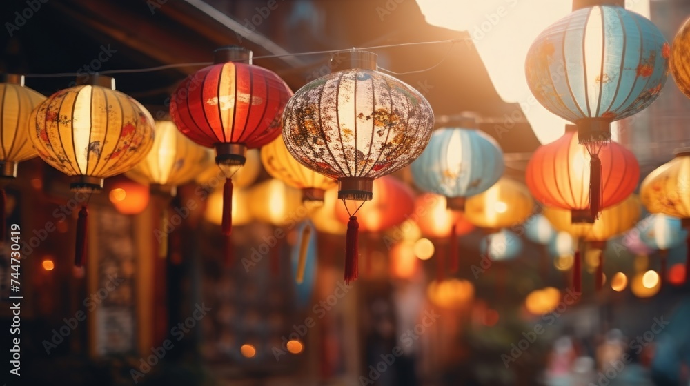 Colorful lanterns hanging from a string, perfect for festive decorations