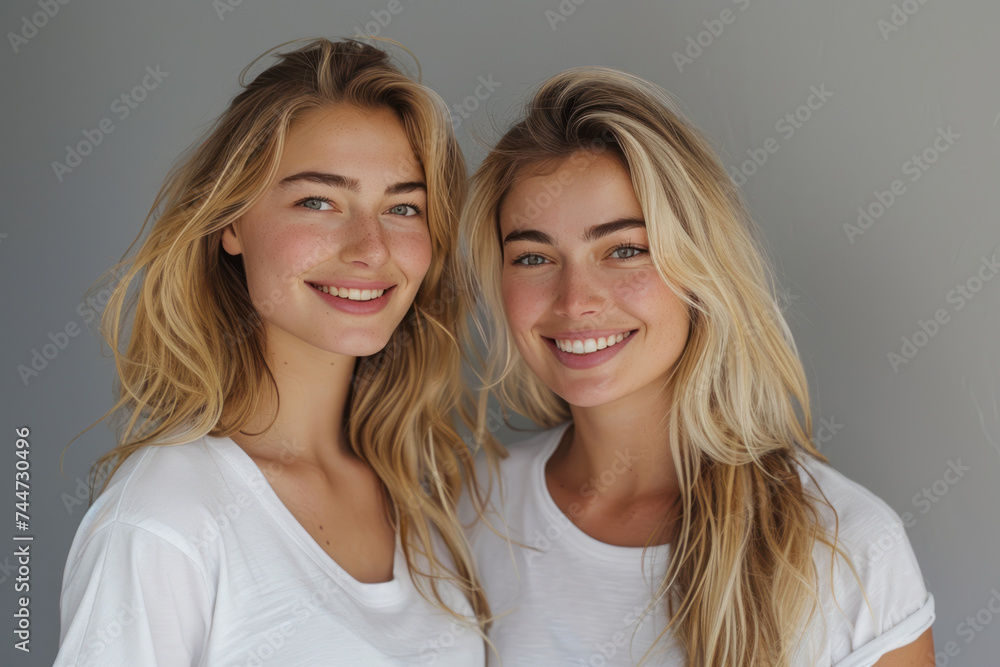 Blonde women wearing white t-shirt smile having a good time together Blonde women wearing white t-shirt smile having a good time together