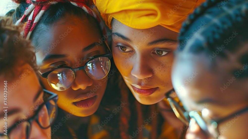 Close-up of a multicultural group of friends with a focus on a woman wearing glasses Close-up of a multicultural group of friends with a focus on a woman wearing glasses
