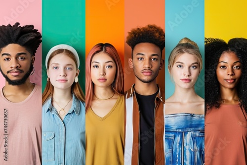 Diverse group of young people on colorful backgrounds