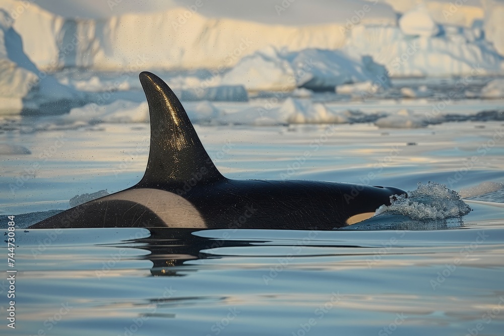 Fototapeta premium An orca pod swimming in the cold blue waters of the Arctic, their black and white colors stark against the icy seascape