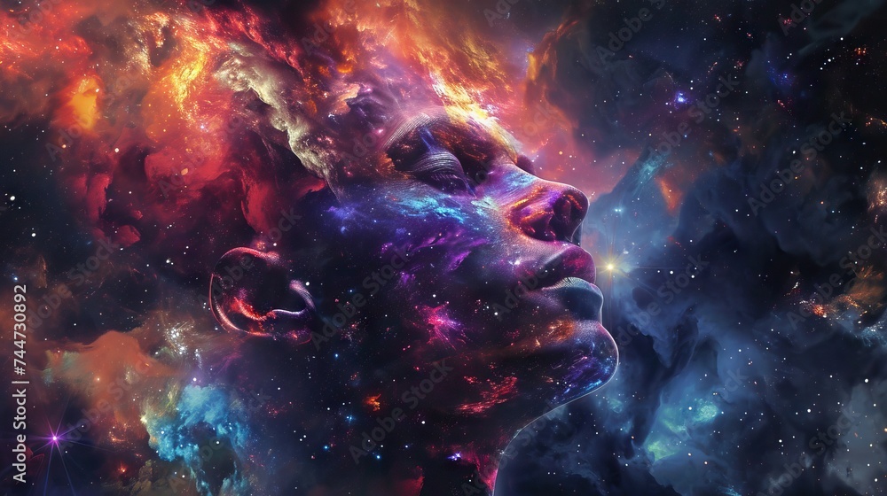 Obraz premium Cosmic beauty: woman merged with starry universe