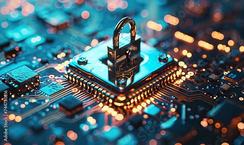 Cyber security concept with padlock on circuit board