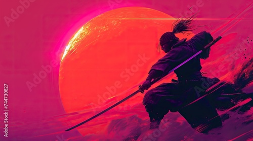 Cyber samurai sunset battle stance