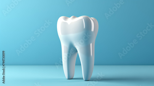 3D model of a healthy white tooth and gums on a blue background with copy space