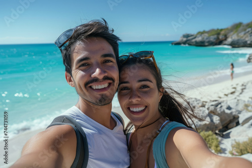 Man and woman standing on sandy beach, smiling at camera as they take selfie with sea view in background. Happy couple on summer vacations © Lazy_Bear