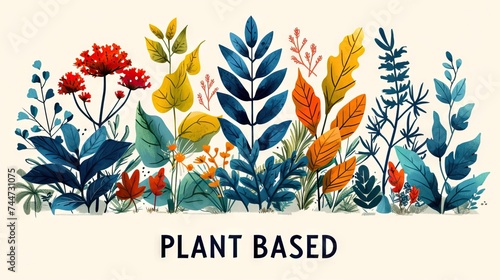 Artistic representation of diverse, colorful flora with a plant based sign